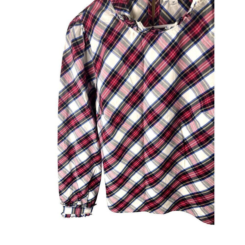 J.Crew Womens Plaid Ruffle Neck Blouse Size M Long Sleeve Holiday Plaid EUC Sz M - Picture 5 of 12